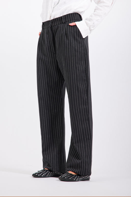 Black Pinstripe Straight-Leg Pants