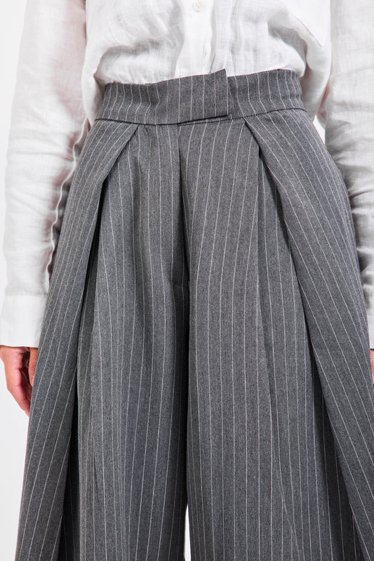 Grey Wide-Leg Pinstripe Pants
