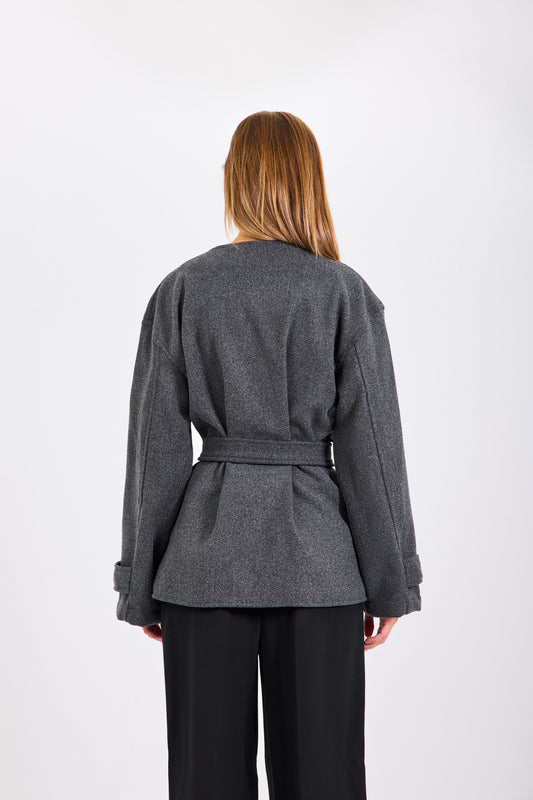 Grey Sculpted Belted Jacket