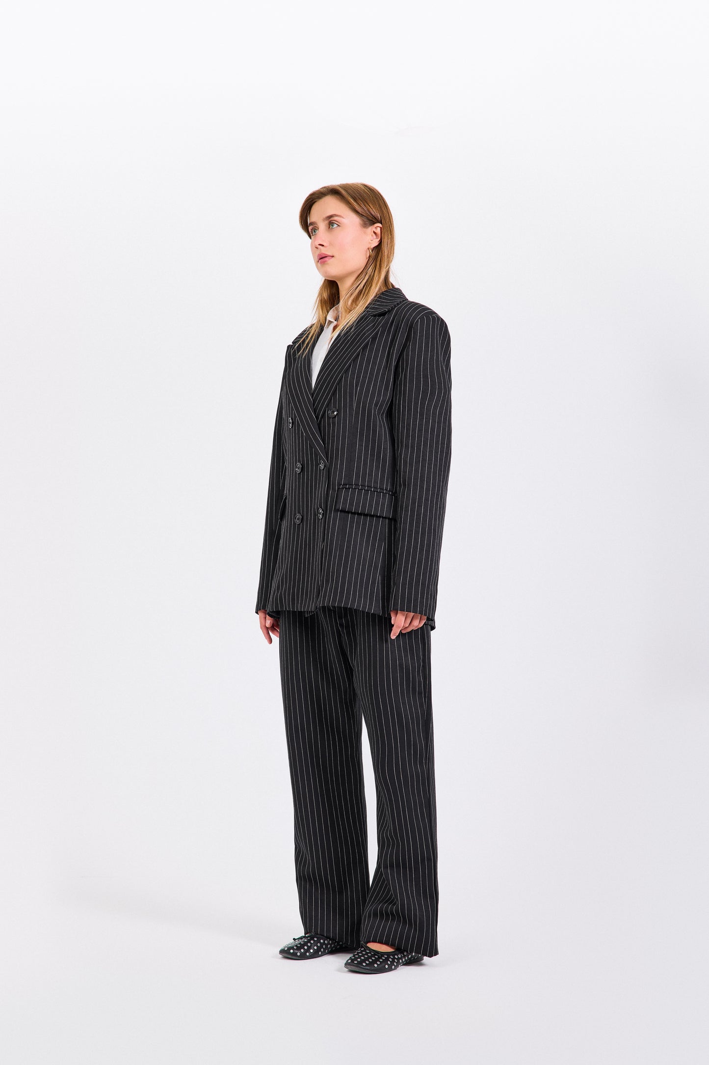 ⁠Black Pinstripe Double Breasted Blazer