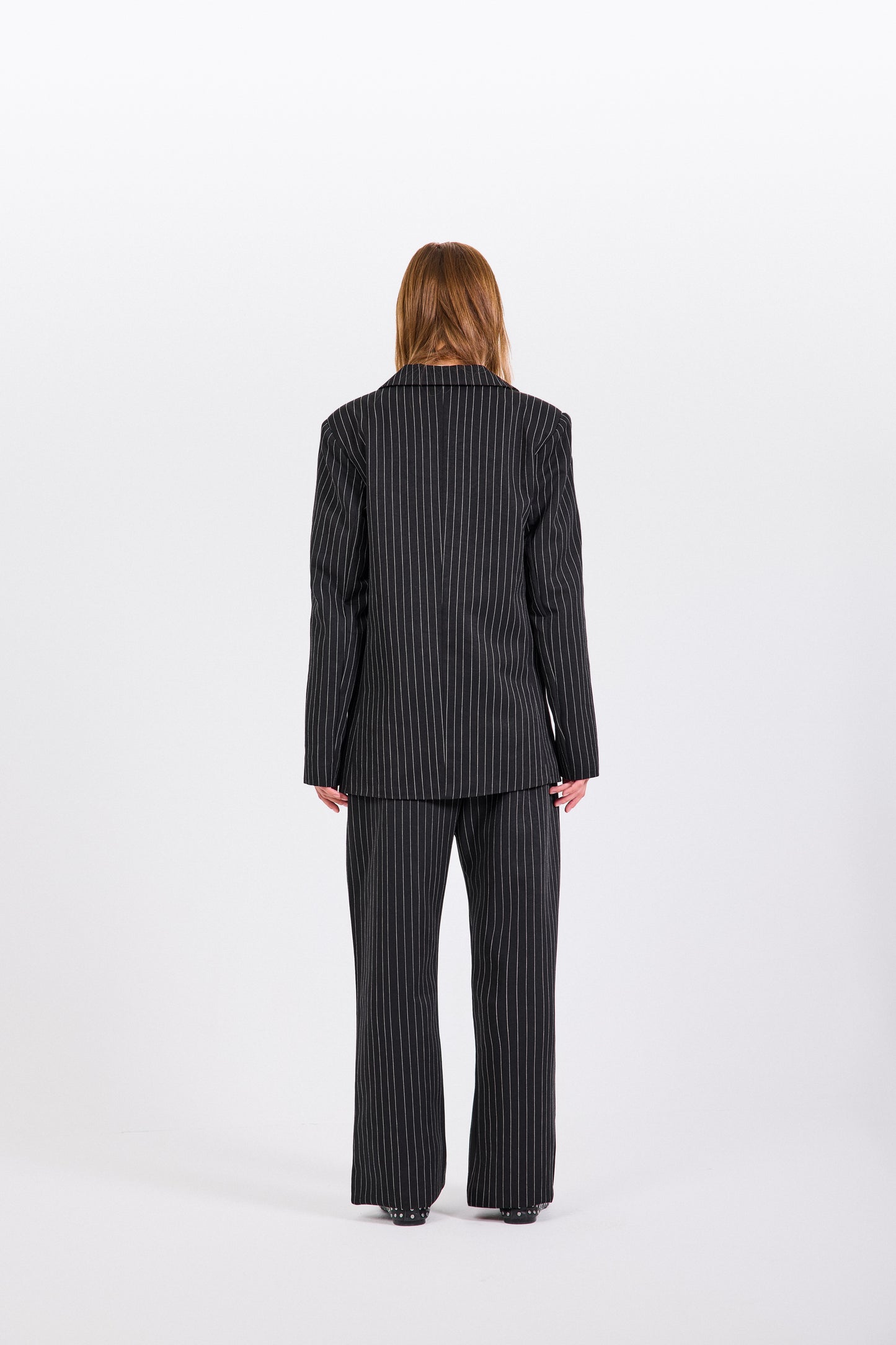 ⁠Black Pinstripe Double Breasted Blazer