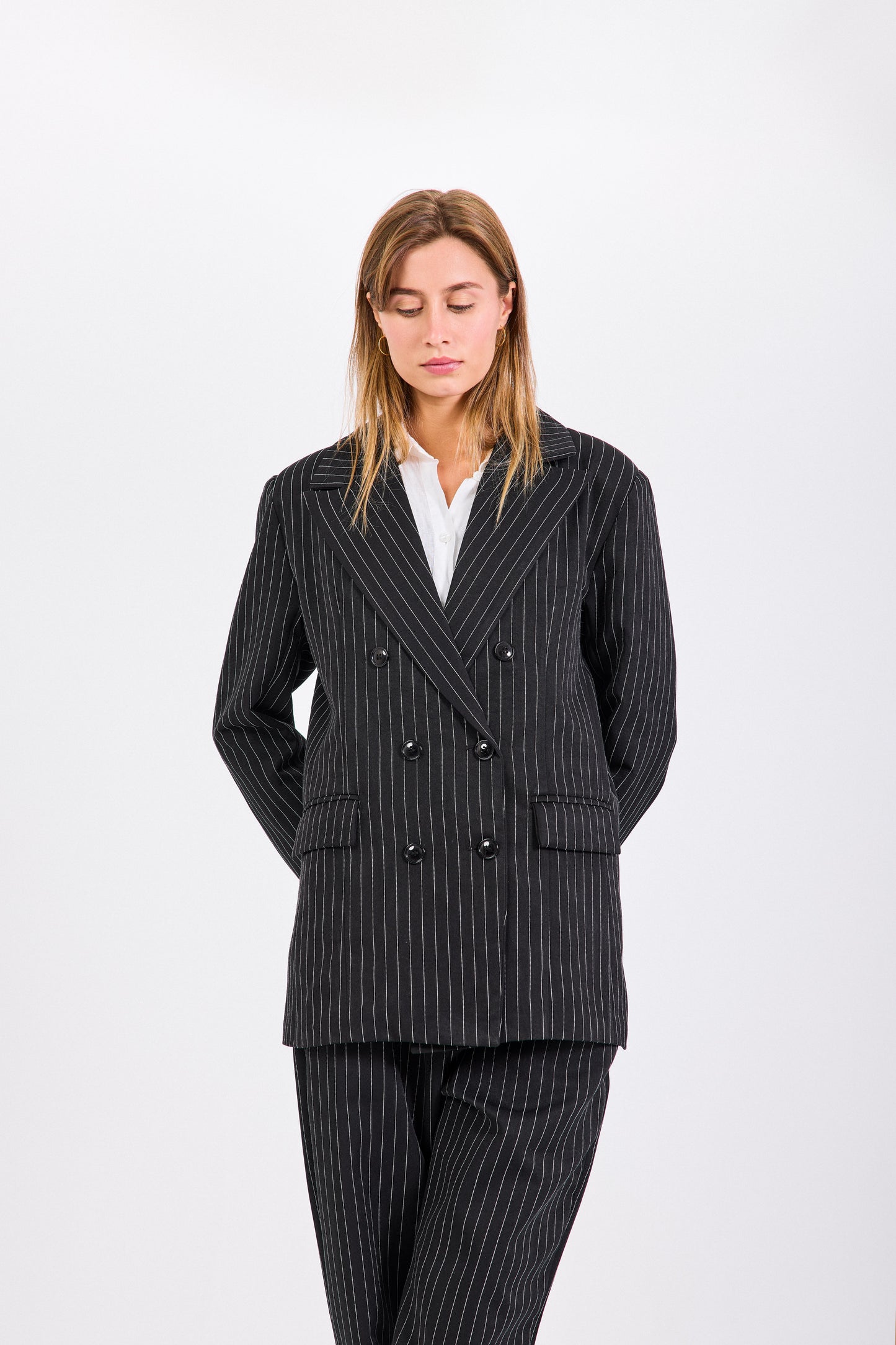 ⁠Black Pinstripe Double Breasted Blazer